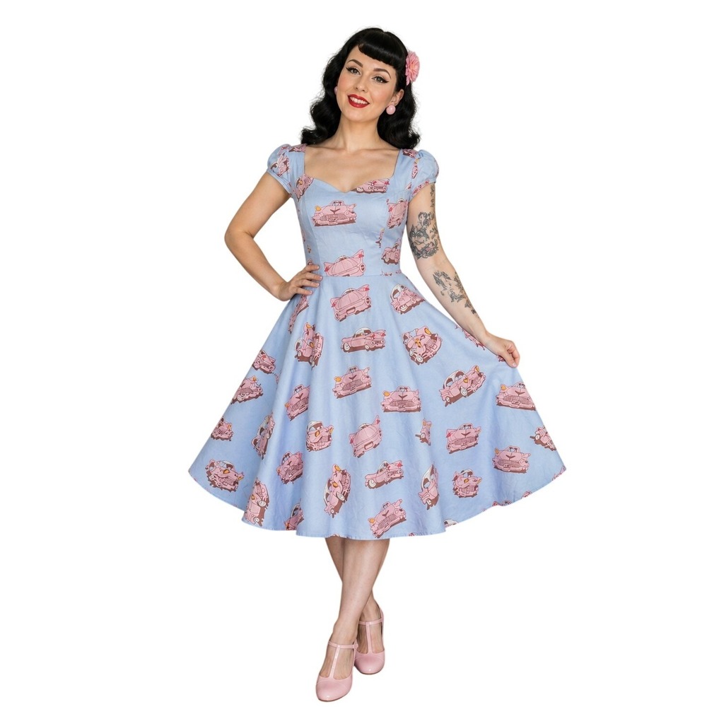 Hearts & Roses Retro Car Print Fit & Flare Dress Blue Pink Rockabilly Pinup US 8